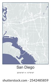 Editable vector poster map of San Diego,California, showcasing detailed street layouts, main roads, neighborhoods, and landmarks in Gray, Blue, Green, White colors.