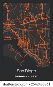 Editable vector poster map of San Diego,California, showcasing detailed street layouts, main roads, neighborhoods, and landmarks in Gray, Black, Orange colors.