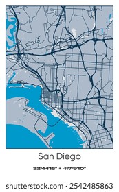 Editable vector poster map of San Diego,California, showcasing detailed street layouts, main roads, neighborhoods, and landmarks in Blue, Gray, Yellow, Olive colors.