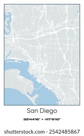Editable vector poster map of San Diego,California, showcasing detailed street layouts, main roads, neighborhoods, and landmarks in Gray, white, green, blue colors.