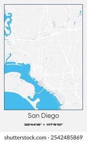 Editable vector poster map of San Diego,California, showcasing detailed street layouts, main roads, neighborhoods, and landmarks in Gray, white, blue colors.