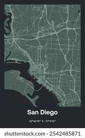 Editable vector poster map of San Diego,California, showcasing detailed street layouts, main roads, neighborhoods, and landmarks in Dark gray, Gray, Green, gray-green colors.