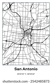 Editable vector poster map of San Antonio,Texas, showcasing detailed street layouts, main roads, neighborhoods, and landmarks in Black, white, gray colors.