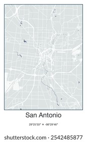 Editable vector poster map of San Antonio,Texas, showcasing detailed street layouts, main roads, neighborhoods, and landmarks in Gray, Blue, Green, White colors.
