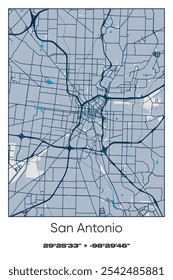 Editable vector poster map of San Antonio,Texas, showcasing detailed street layouts, main roads, neighborhoods, and landmarks in Blue, Gray, Yellow, Olive colors.