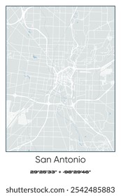 Editable vector poster map of San Antonio,Texas, showcasing detailed street layouts, main roads, neighborhoods, and landmarks in Gray, white, green, blue colors.