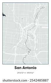 Editable vector poster map of San Antonio Center,Texas, showcasing detailed street layouts, main roads, neighborhoods, and landmarks in Gray, Black, White colors.