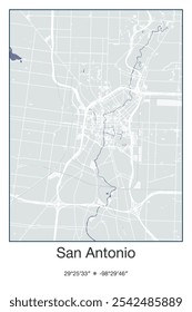 Editable vector poster map of San Antonio Center,Texas, showcasing detailed street layouts, main roads, neighborhoods, and landmarks in Gray, Blue, Green, White colors.