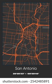 Editable vector poster map of San Antonio Center,Texas, showcasing detailed street layouts, main roads, neighborhoods, and landmarks in Gray, Black, Orange colors.