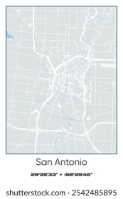 Editable vector poster map of San Antonio Center,Texas, showcasing detailed street layouts, main roads, neighborhoods, and landmarks in Gray, white, green, blue colors.