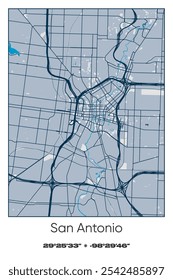 Editable vector poster map of San Antonio Center,Texas, showcasing detailed street layouts, main roads, neighborhoods, and landmarks in Blue, Gray, Yellow, Olive colors.
