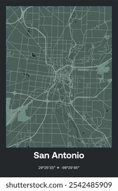 Editable vector poster map of San Antonio,Texas, showcasing detailed street layouts, main roads, neighborhoods, and landmarks in Dark gray, Gray, Green, gray-green colors.