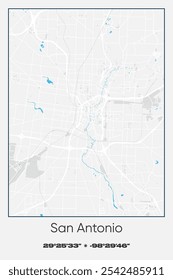 Editable vector poster map of San Antonio,Texas, showcasing detailed street layouts, main roads, neighborhoods, and landmarks in Gray, white, blue colors.