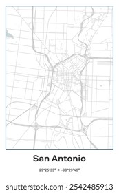 Editable vector poster map of San Antonio Center,Texas, showcasing detailed street layouts, main roads, neighborhoods, and landmarks in Pastel, Gray, White, Green colors.