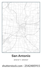 Editable vector poster map of San Antonio,Texas, showcasing detailed street layouts, main roads, neighborhoods, and landmarks in Pastel, Gray, White, Green colors.