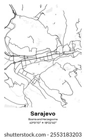 Editable vector poster map of Sarajevo, Bosnia and Herzegovina, showcasing detailed street layouts, main roads, neighborhoods, and landmarks in Black, white, gray, BW colors.