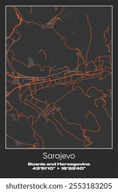 Editable vector poster map of Sarajevo, Bosnia and Herzegovina, showcasing detailed street layouts, main roads, neighborhoods, and landmarks in Gray, Black, Orange colors.