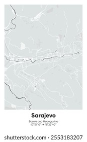 Mapa editável de pôster vetorial de Sarajevo, Bósnia e Herzegovina, mostrando detalhados layouts de rua, principais estradas, bairros e pontos de referência em cores cinzentas, pretas, brancas, azuis.