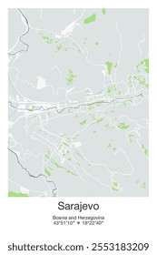 Editable vector poster map of Sarajevo, Bosnia and Herzegovina, showcasing detailed street layouts, main roads, neighborhoods, and landmarks in Gray, Blue, Green, White colors.