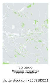 Editable vector poster map of Sarajevo, Bosnia and Herzegovina, showcasing detailed street layouts, main roads, neighborhoods, and landmarks in Gray, white, green, blue colors.