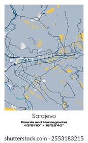 Editable vector poster map of Sarajevo, Bosnia and Herzegovina, showcasing detailed street layouts, main roads, neighborhoods, and landmarks in Blue, Gray, Yellow, Olive colors.