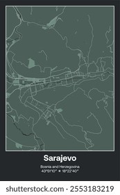 Editable vector poster map of Sarajevo, Bosnia and Herzegovina, showcasing detailed street layouts, main roads, neighborhoods, and landmarks in Dark gray, Gray, Green, gray-green colors.