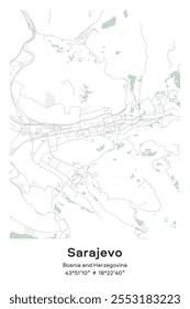 Editable vector poster map of Sarajevo, Bosnia and Herzegovina, showcasing detailed street layouts, main roads, neighborhoods, and landmarks in Pastel, Gray, White, Green colors.