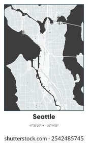 Mapa de pôster vetorial editável de Seattle, Washington, mostrando detalhados layouts de ruas, principais estradas, bairros e pontos de referência em cores cinzentas, pretas e brancas.