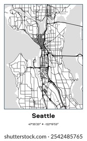 Mapa de pôster vetorial editável de Seattle, Washington, mostrando detalhados layouts de ruas, principais estradas, bairros e pontos de referência em preto, branco, cores cinzentas.