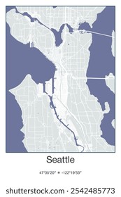 Mapa de pôster vetorial editável de Seattle, Washington, mostrando detalhados layouts de ruas, principais estradas, bairros e pontos de referência em cores cinza, azul, verde, branco.