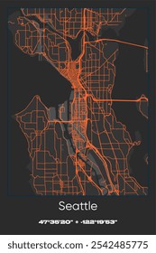 Mapa de pôster vetorial editável de Seattle, Washington, mostrando detalhados layouts de ruas, principais estradas, bairros e pontos de referência em cores cinza, preto, laranja.