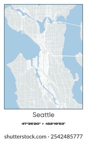 Mapa de pôster vetorial editável de Seattle, Washington, mostrando detalhados layouts de ruas, principais estradas, bairros e pontos de referência em cores cinzentas, brancas, verdes e azuis.