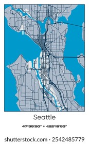 Mapa de pôster vetorial editável de Seattle, Washington, mostrando detalhados layouts de ruas, principais estradas, bairros e pontos de referência em azul, cinza, amarelo, azeitona cores.