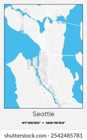 Mapa de pôster vetorial editável de Seattle, Washington, mostrando detalhados layouts de ruas, principais estradas, bairros e pontos de referência em cores cinzentas, brancas e azuis.