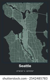 Mapa de pôster vetorial editável de Seattle, Washington, mostrando detalhados layouts de ruas, principais estradas, bairros e pontos de referência em cinza escuro, cinza, verde, cinza-verde cores.