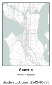 Mapa de pôster vetorial editável de Seattle, Washington, mostrando detalhados layouts de ruas, principais estradas, bairros e pontos de referência nas cores Pastel, Gray, White, Green.