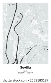 Mapa de cartaz vetorial editável de Sevilha, Espanha, mostrando detalhados layouts de rua, principais estradas, bairros e pontos de referência em cores cinzentas, pretas, brancas, BW.