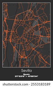 Editable vector poster map of Sevilla, Spain, showcasing detailed street layouts, main roads, neighborhoods, and landmarks in Gray, Black, Orange colors.