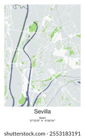 Mapa de cartaz vetorial editável de Sevilha, Espanha, mostrando detalhados layouts de rua, principais estradas, bairros e pontos de referência em cores Cinza, Azul, Verde, Branco.