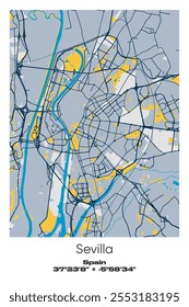 Editable vector poster map of Sevilla, Spain, showcasing detailed street layouts, main roads, neighborhoods, and landmarks in Blue, Gray, Yellow, Olive colors.