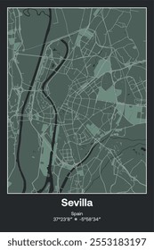 Editable vector poster map of Sevilla, Spain, showcasing detailed street layouts, main roads, neighborhoods, and landmarks in Dark gray, Gray, Green, gray-green colors.