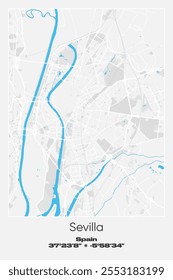 Mapa de cartaz vetorial editável de Sevilha, Espanha, mostrando detalhados layouts de rua, estradas principais, bairros e pontos de referência em cores cinzentas, brancas e azuis.