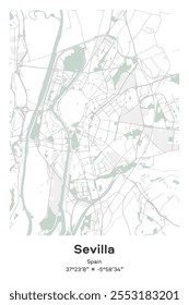 Editable vector poster map of Sevilla, Spain, showcasing detailed street layouts, main roads, neighborhoods, and landmarks in Pastel, Gray, White, Green colors.