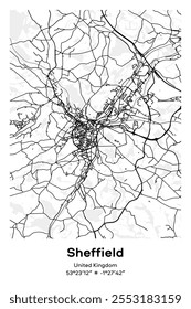 Mapa de pôster vetorial editável de Sheffield, Reino Unido, mostrando detalhados layouts de rua, principais estradas, bairros e pontos de referência em preto, branco, cinza, BW cores.