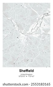 Editable vector poster map of Sheffield, United Kingdom, showcasing detailed street layouts, main roads, neighborhoods, and landmarks in Gray, Black, White, BW colors.