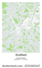 Mapa de pôster vetorial editável de Sheffield, Reino Unido, mostrando detalhados layouts de rua, principais estradas, bairros e pontos de referência em cores cinzentas, azuis, verdes, brancas.