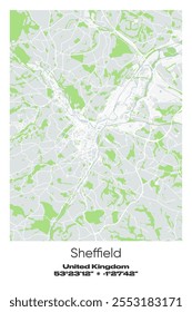 Editable vector poster map of Sheffield, United Kingdom, showcasing detailed street layouts, main roads, neighborhoods, and landmarks in Gray, white, green, blue colors.