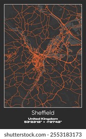 Editable vector poster map of Sheffield, United Kingdom, showcasing detailed street layouts, main roads, neighborhoods, and landmarks in Gray, Black, Orange colors.