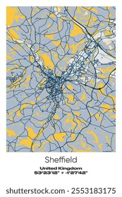 Editable vector poster map of Sheffield, United Kingdom, showcasing detailed street layouts, main roads, neighborhoods, and landmarks in Blue, Gray, Yellow, Olive colors.