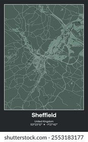 Editable vector poster map of Sheffield, United Kingdom, showcasing detailed street layouts, main roads, neighborhoods, and landmarks in Dark gray, Gray, Green, gray-green colors.